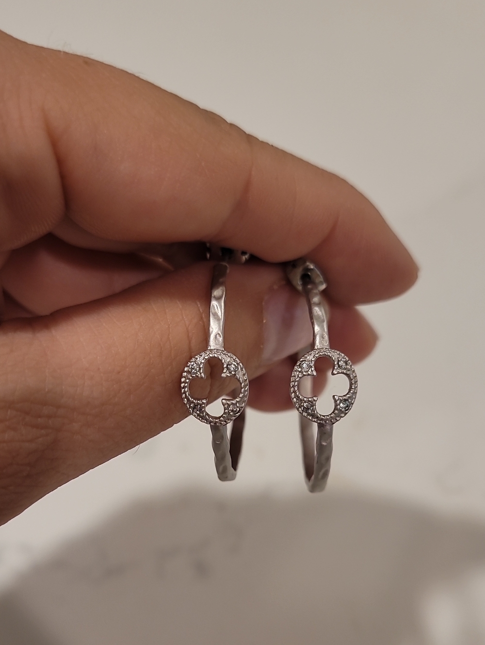 Freida Rothman Matte  Silver Clover Hoop Earrings
